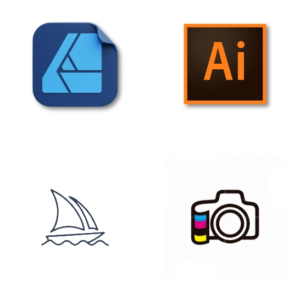 logos of the platforms used for the creation of print projects Affinity Designer Adobe Illustrator Midjourney